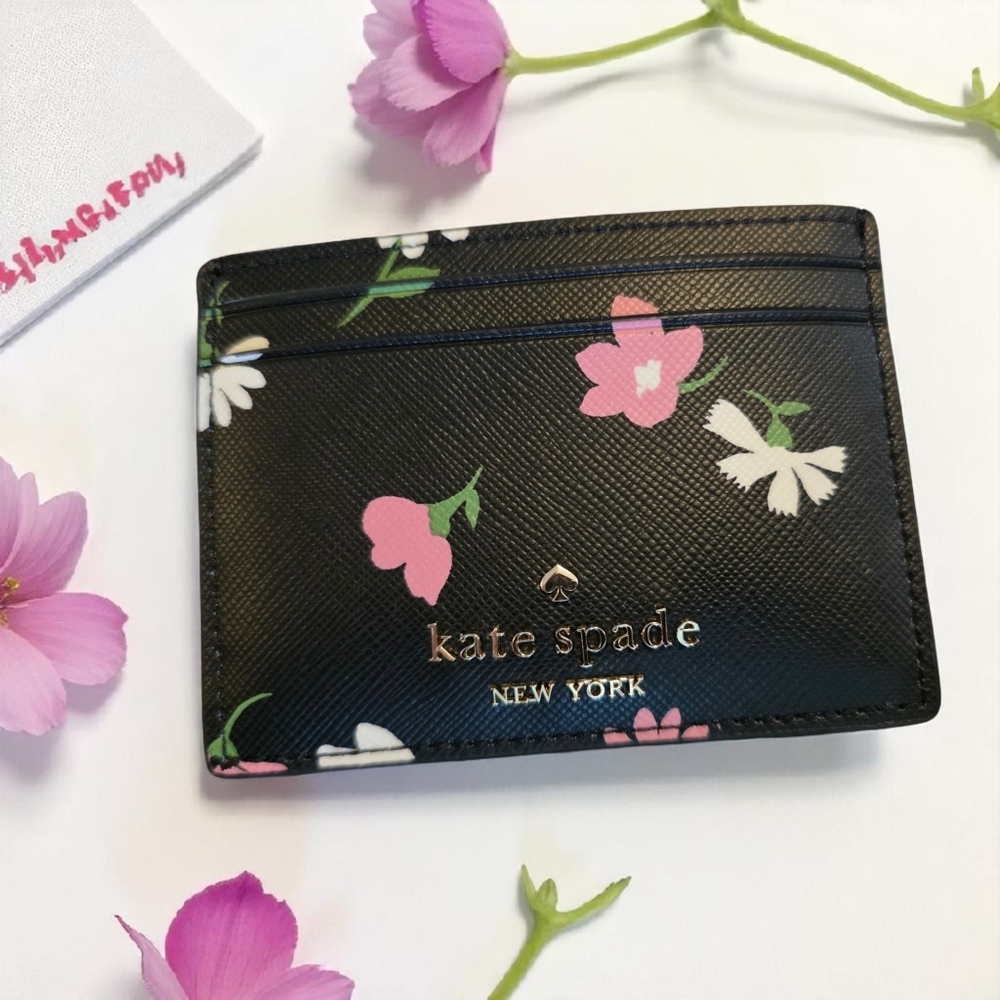 Kate Spade Madison Floral Cardholder Black Multi Leather Wallet NWT